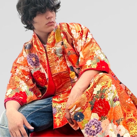 Men’s Uchikake Traditional Japanese Wedding Kimono Orange Red Gold Robe Silk - Picture 2 of 6